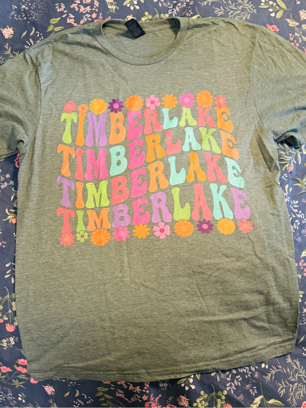 Medium Justin Timberlake Graphic Tee - Green with Multicolor Floral Print